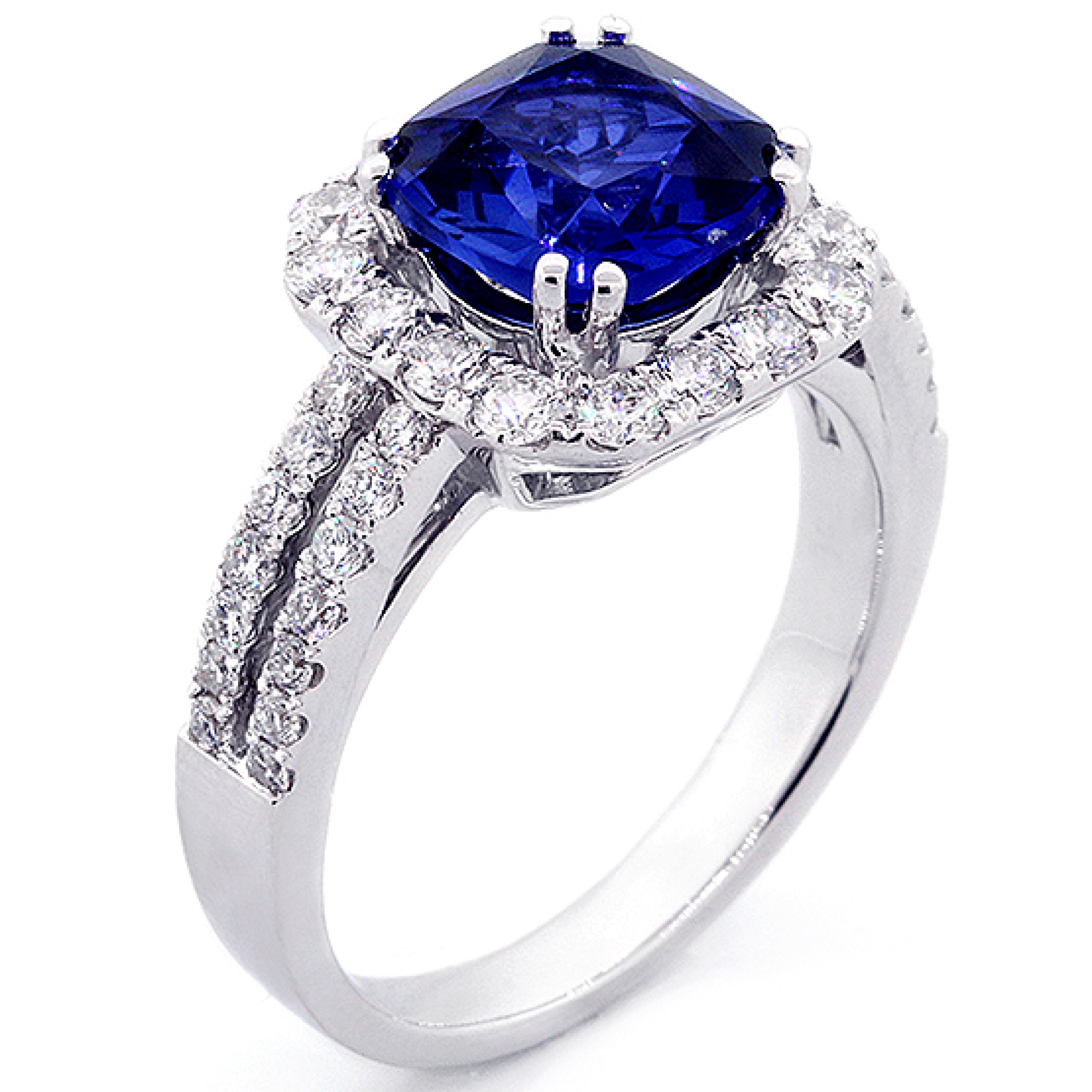 2.75 Cts Cushion Cut Blue Gemstone Diamond Cushion Halo Engagement Ring